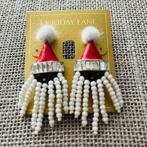 Santa-Holiday Lane Brown Face W/Pearl Beard, Rhinestone & Pom-Pom Santa Earrings